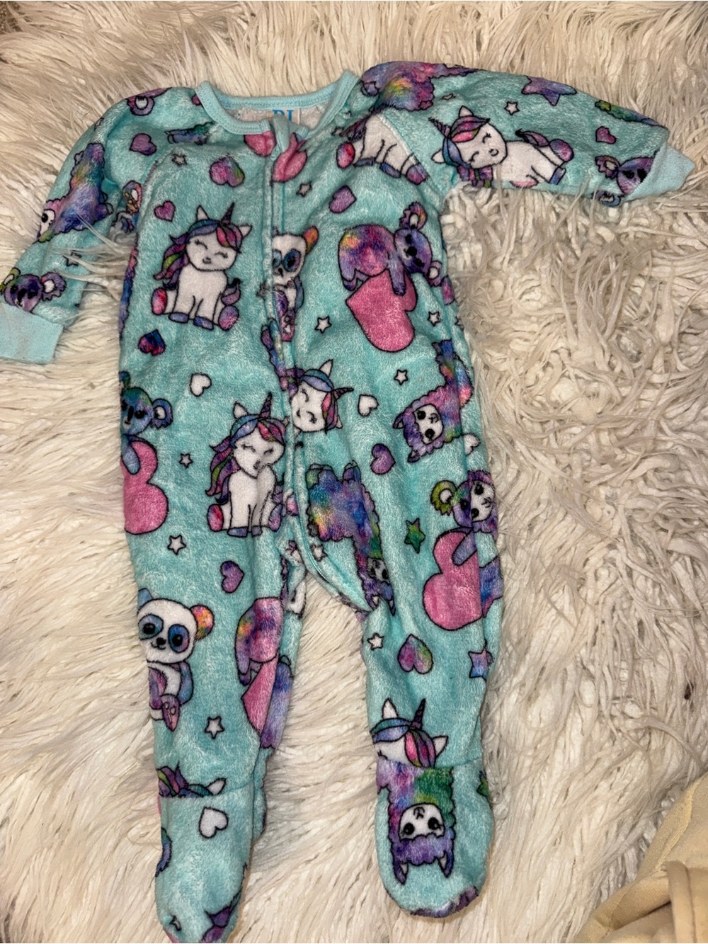 Unbranded Girls' Mint Unicorn & Hearts Fleece Footed One-Piece